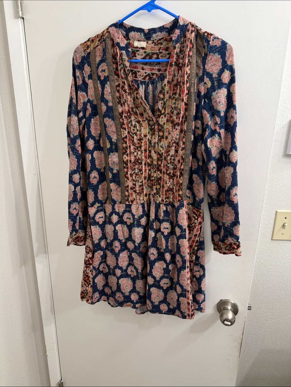 Mixed-Print Long-Sleeve Boho Dress in Navy and Pink